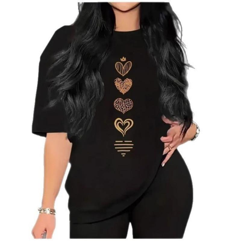 Womens Black Short Sleeve T Shirt With Gold Heart Print Casual Loose Fit Round Neck Tee