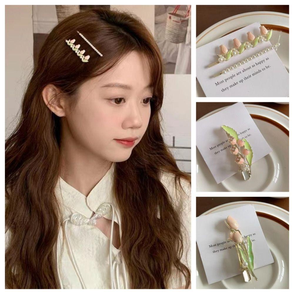 

Заколки для волос Convallaria в корейском стиле, заколки с розовым жемчугом, ювелирные изделия, зажим для волос в форме тюльпана, женские заколки для волос