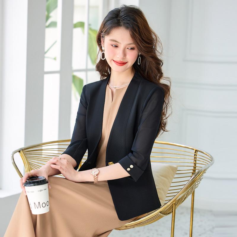 

2025 Summer Women s Slimming V-Neck Mesh Blazer with Seven-Sleeves M