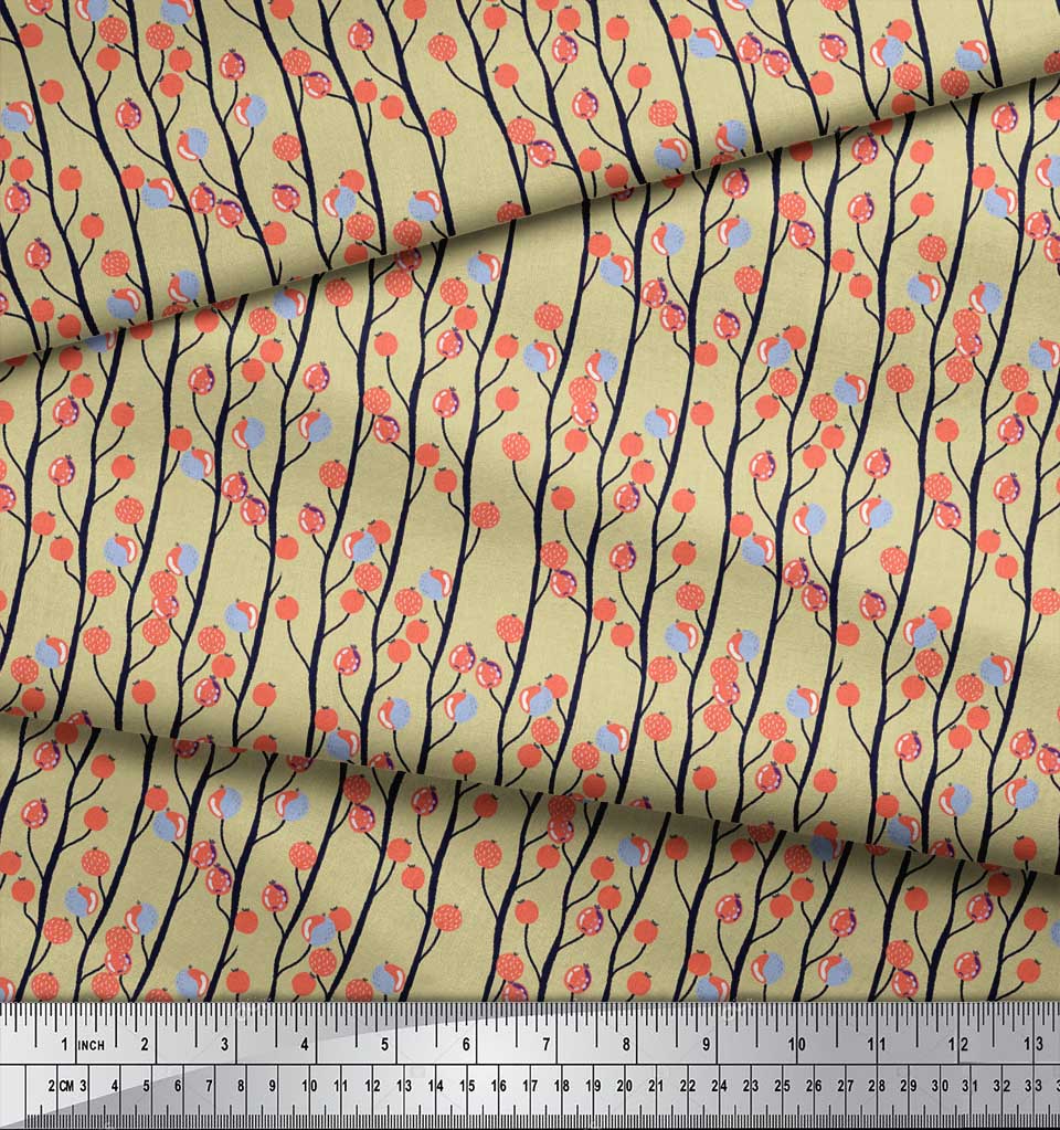 Soimoi Beige Japan Crepe Satin Fabric Branch & Red Berries Fruits Decor Fabric Printed Metre 42 Inch