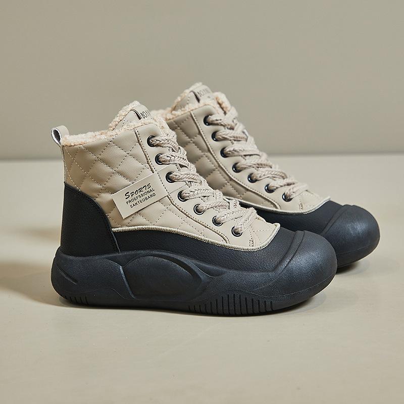 Women's Winter High-Top Sneakers Platform Shoes with Non-Slip Rubber Sole, Beige & Black Cushioned Insole for All-Day Comfort Casual Boots