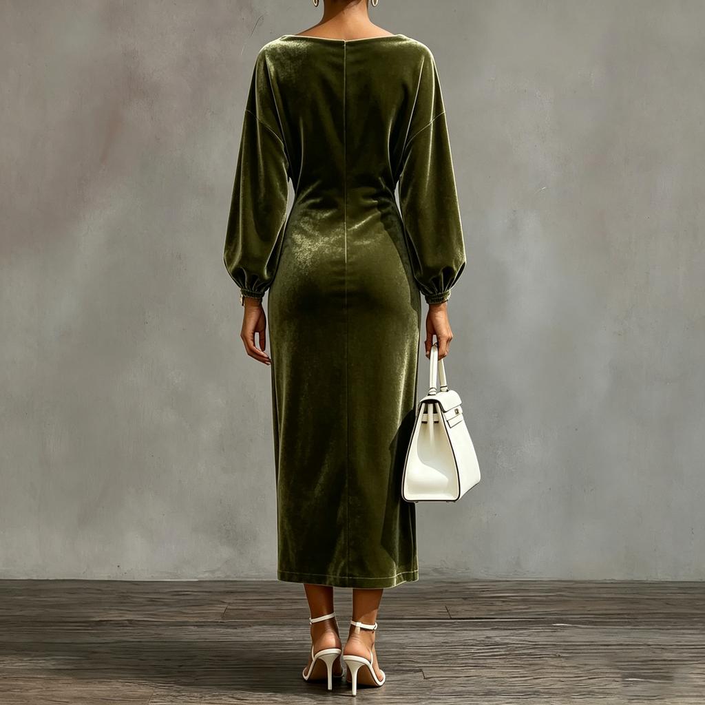 Women's Velvet Cowl Neck Sleeve Long Dress with Side Slit
