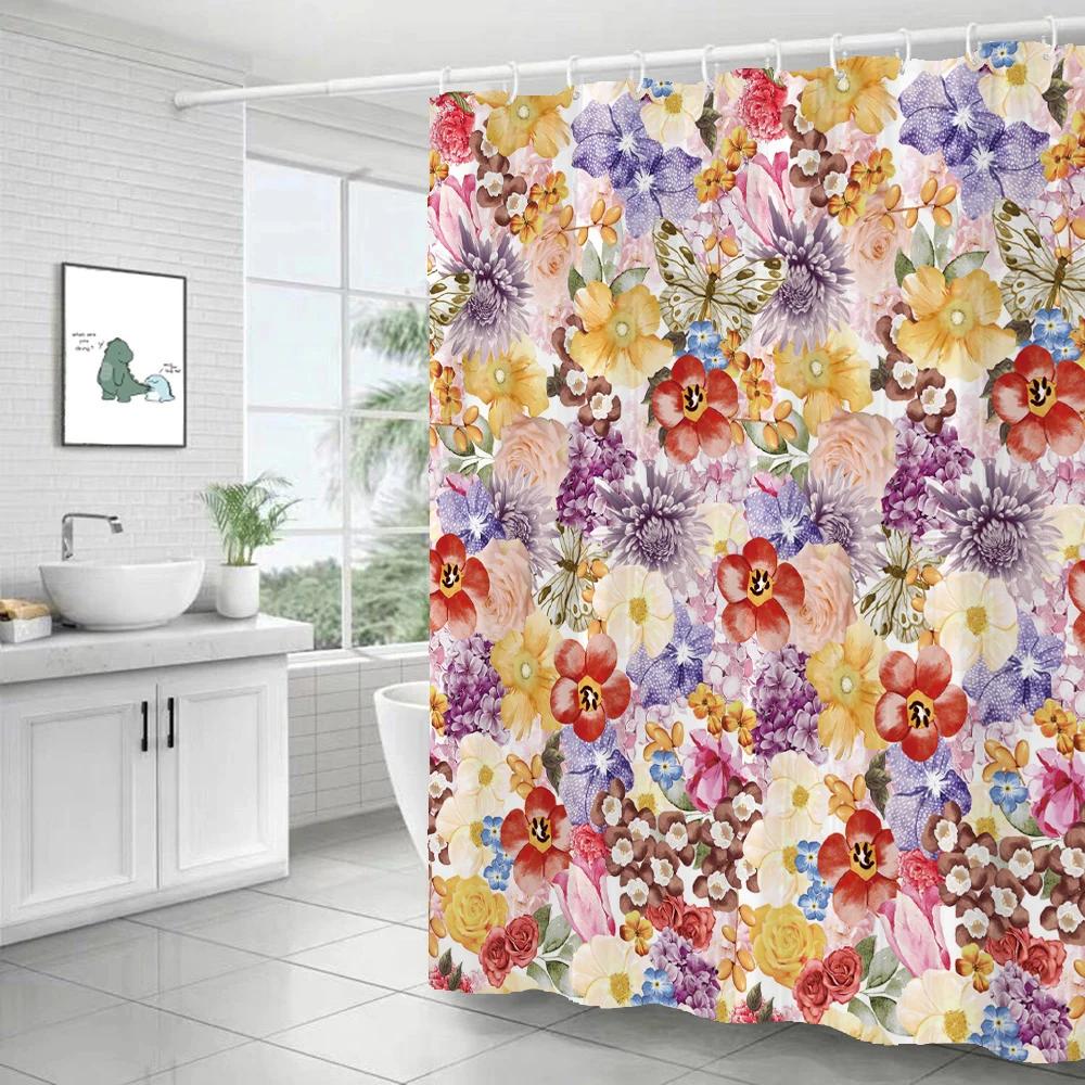 Chinese Flower Bird Shower Curtains Set Printing Waterproof Polyester Leaves Shower Curtains Bathroom Home Decor Mat 180x200CM