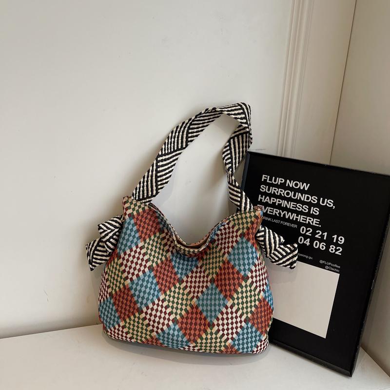 Color Block Tote Bag Women Print Plaid Shoulder Bag