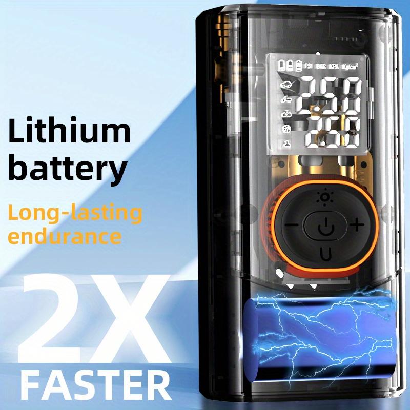 Portable air compressor with digital pressure gauge, 150PSI rechargeable battery, LED light, wireless tire inflator, and USB Type-C interface.