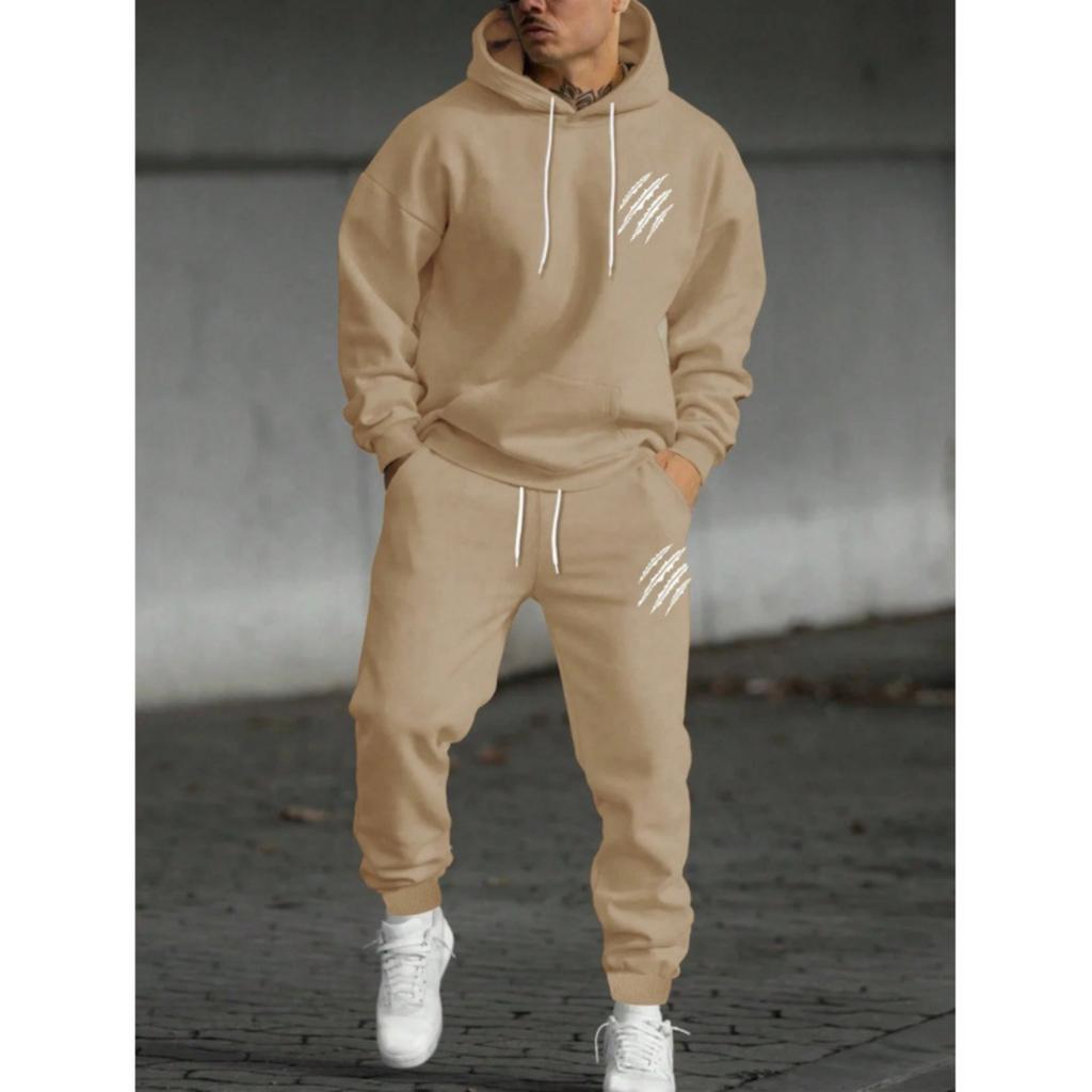 Men's Casual Solid Color -printed Sweatshirt Set, Men's Fleece Hooded Drawstring Sweatshirt And Sweatpants Two-piece Set