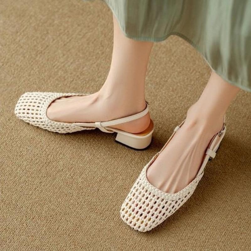 Fashion Women's Fashion Baotou Sandals Summer New Square Head Shallow Hollow Breathable One Line Buckle Sole Heel Shoes