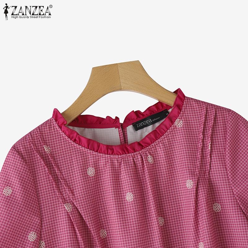 ZANZEA Women Summer Grid Print Casual Round Neck Short Sleeve Blouse