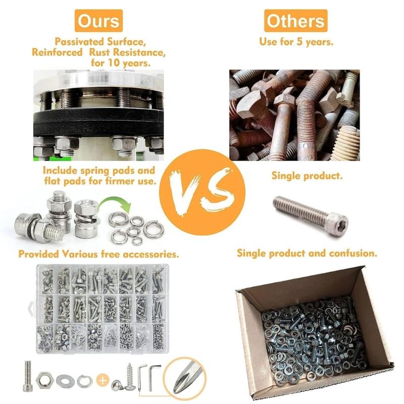 Comprehensive 890Pcs Stainless Steel Metric Bolts and Nut Set M2M3M4 Includes Hex Socket Head Caps and Washers