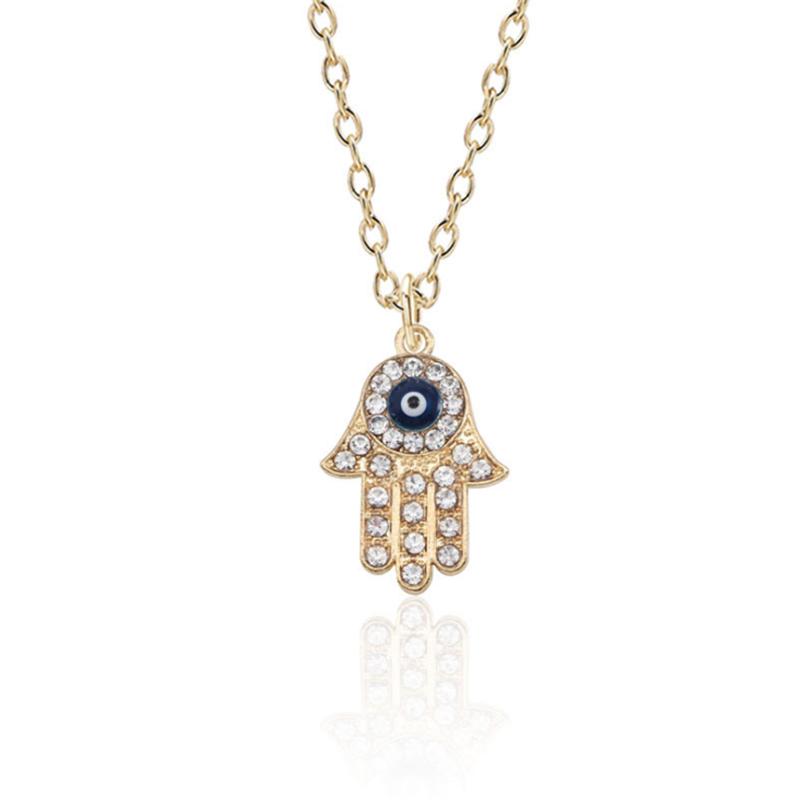 Turkish Hamsa Hand Fatima Crystal Necklace For Women Men Evil Eye Necklaces Gold Clavicle Long Chain Lucky Jewelry