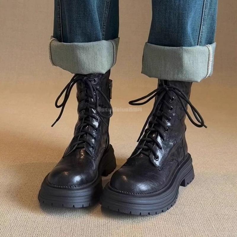 

Cowhide version~ retro platform thick heel Martin boots women s British style leather side zipper strap round head platform boots 40