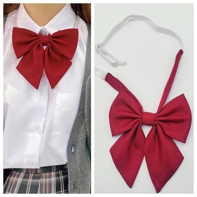 Wine Red Large Bow Tie - Japanese School Uniform Style for Women, Feather Detail, Versatile and Fashionable