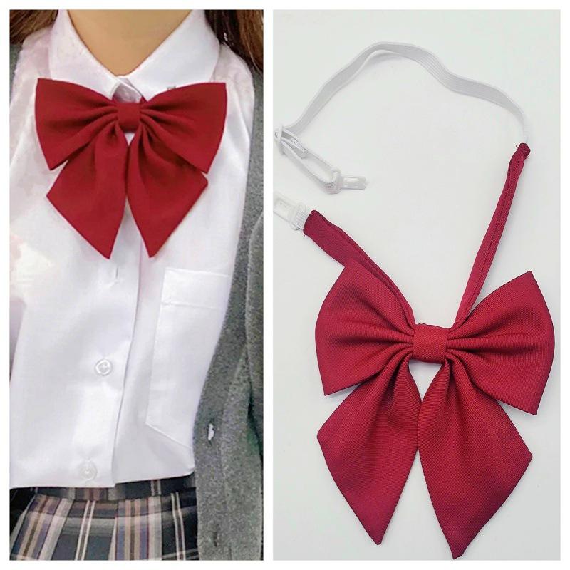 Wine Red Large Bow Tie - Japanese School Uniform Style for Women, Feather Detail, Versatile and Fashionable