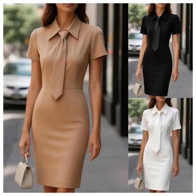 2026 New Elegant Tie Neck Sheath Dress for Women, Short Sleeve Formal Office Pencil Dress, Slim Fit Business Workwear