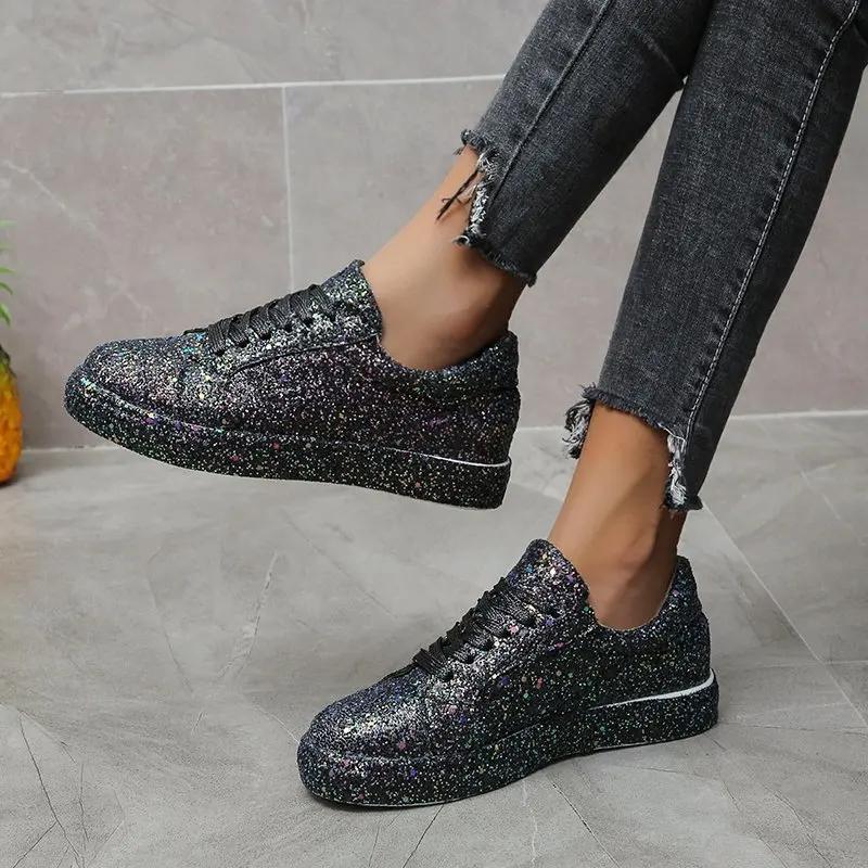 Fashion Plus Size Women's Shoes 2025 Spring Autumn New Style Solid Color Sequins Lace Up Flat Bottom Comfortable Casual Sports Shoes