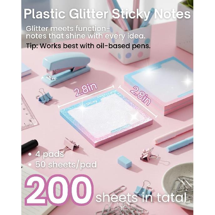 200pcs Glitter Sticky Notes, Transparent Sticky Notes with Pink Blue Iridescent Edge, Cute Self-Adhesive Memo Pads for Office, School & Home
