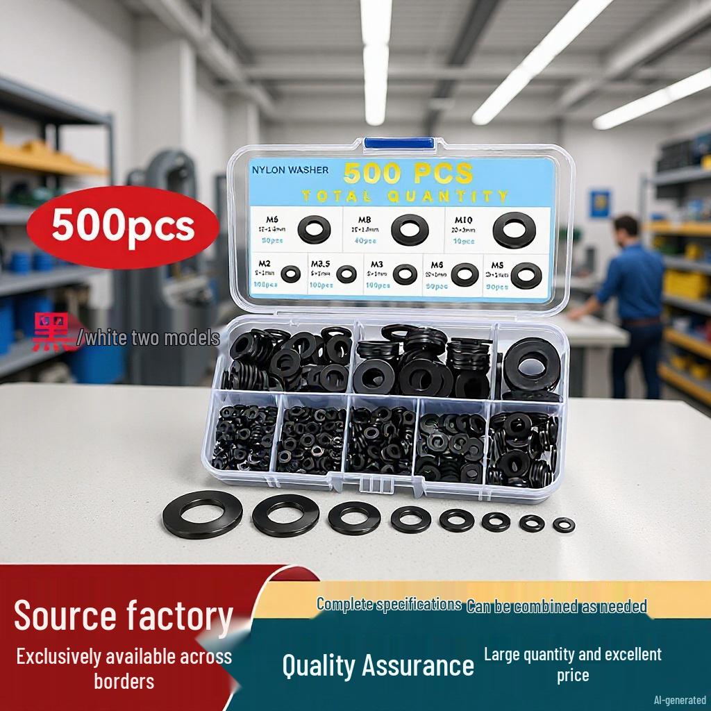 500PCS Black/White Nylon Washers Set - PA66 Insulating Flat Washers 500PCS (Black)