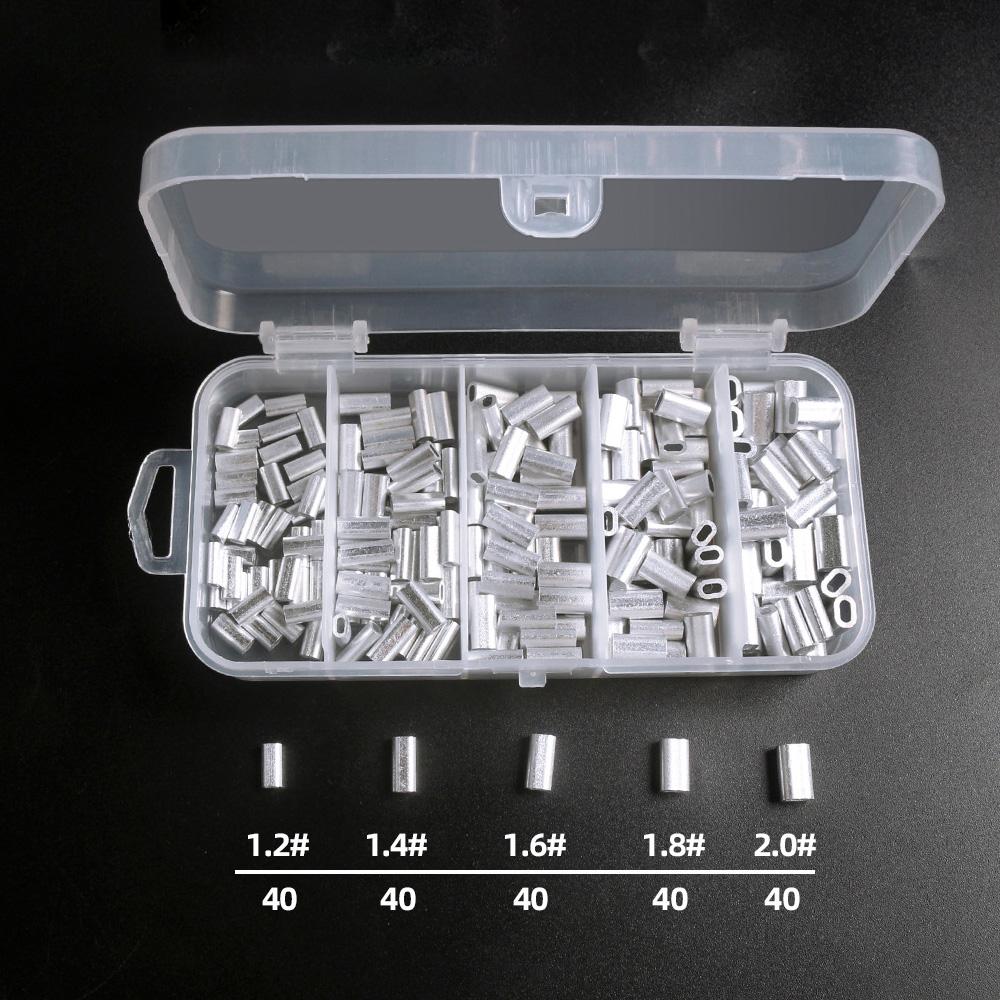 Kit de conectores de manguitos de engarce de aluminio, manguitos de engarzado de doble barril único y único de 5 tamaños para pesca 200pcs