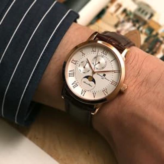 Salvatore Marra Pair Watches, Men's 40mm & Women's 34mm, Moon Phase Leather Strap, Gold, Citizen Quartz Movement, Couple Gift Set