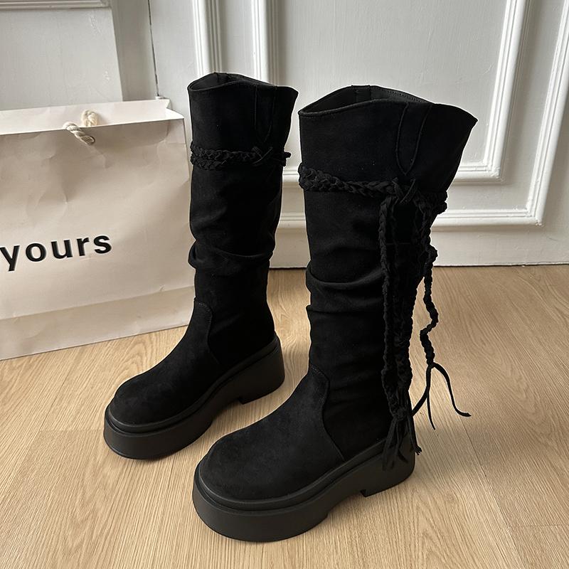 Platform Thick Heel Women Western High Boots Designer Tassel Slip On Shoes Autumn Winter Ladies Punk Vintage Long Booties