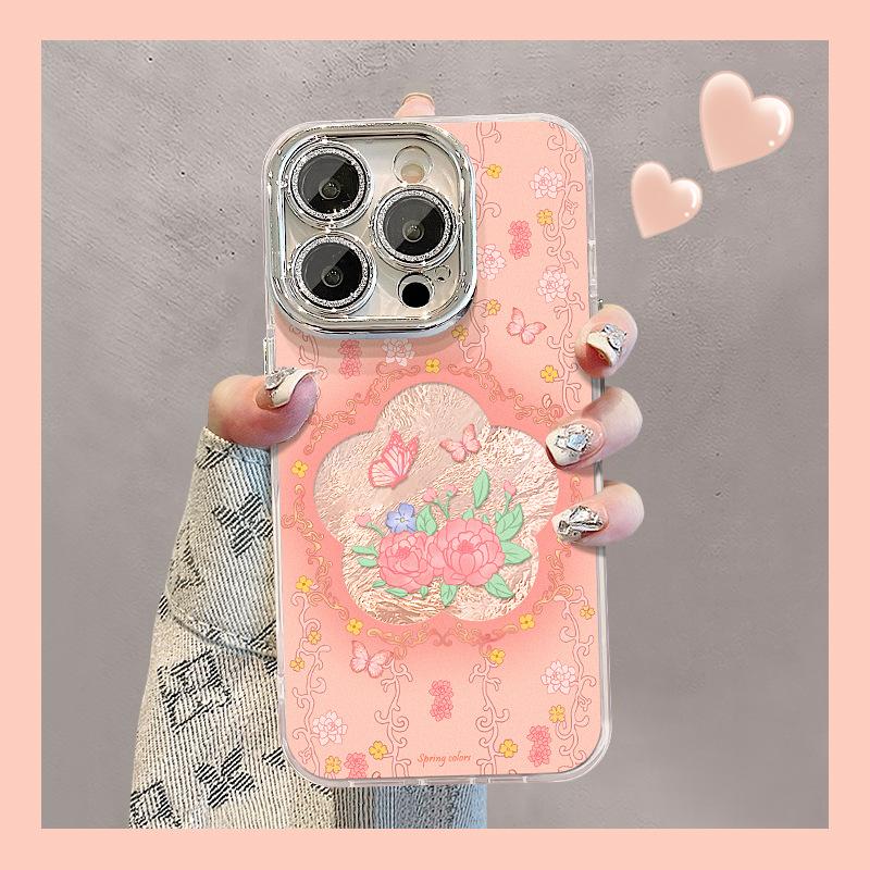 Pink Florals Suitable for Apple 16pro Glacier Pattern Mobile Phone Case 15 Full-inclusive Lens Film 14 Spring and Summer 13 Small Fresh X
