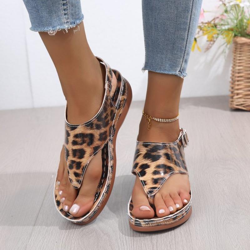 Large Size Wedge Heel Sandals Women's Summer New Style Leopard Print Herringbone Sandals Women