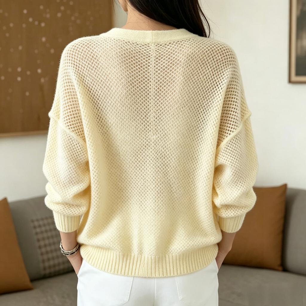 Women's Openwork V-Neck Cardigan Loose Fit Lightweight Long Sleeve Knit Top for Casual Daily Wear