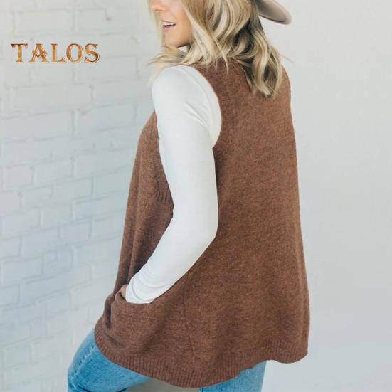 Damenpullover mit V-Ausschnitt, ärmellos, einfarbig, Strickweste mit Taschen, gerippter Besatz, lockere Passform, mittellange Freizeitstrickmode