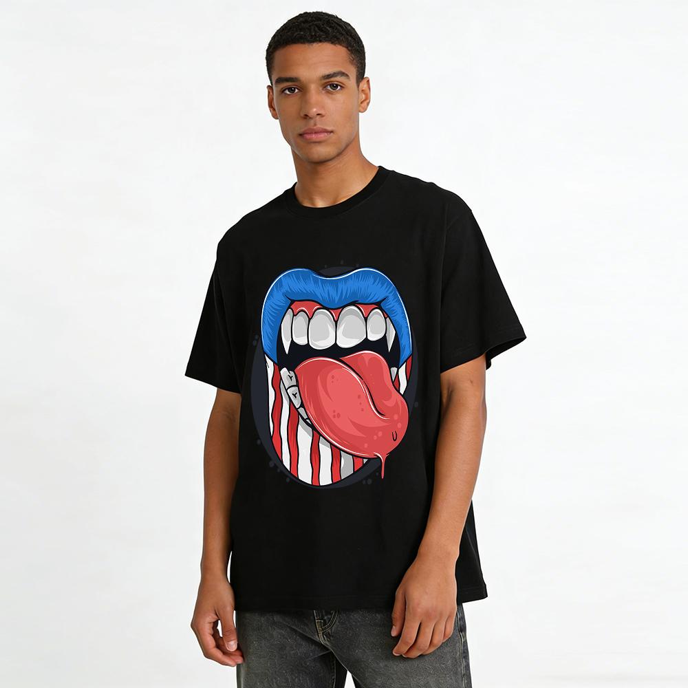 American Cool Fangs Tongue Print Trendy Street Casual Top Pure Cotton T-shirt