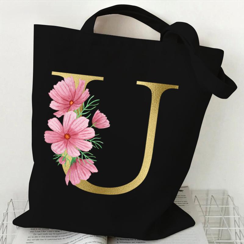 26 Golden Alphabet Floral Tote Bags for Women Large Capacity Canvas Casual New Flower Alphabet Printed Female Reusable Handbag