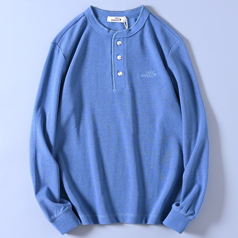 HK Company Tail Single Washed Minimalist Easiest for Match Men Waffle Small Embroider Henry Collar Long Sleeves T-shirt Bottoming Shirt Fashion