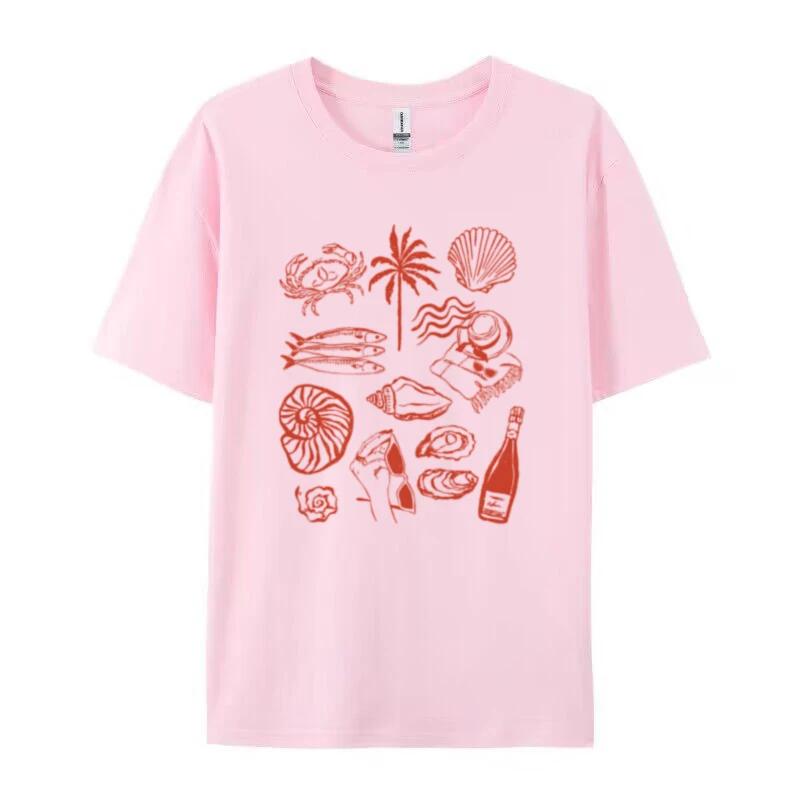 Women Trendy Summer Ocean Coastal Graphic Tees Retro Aesthetic La Dolce Vita T Shirt Cute Oyster Wine Shirt Beach Vacation Tops