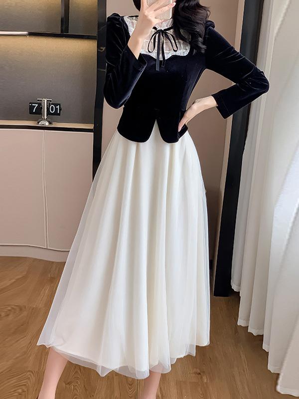 French Retro Style Velvet Layered Dress for Spring and Autumn