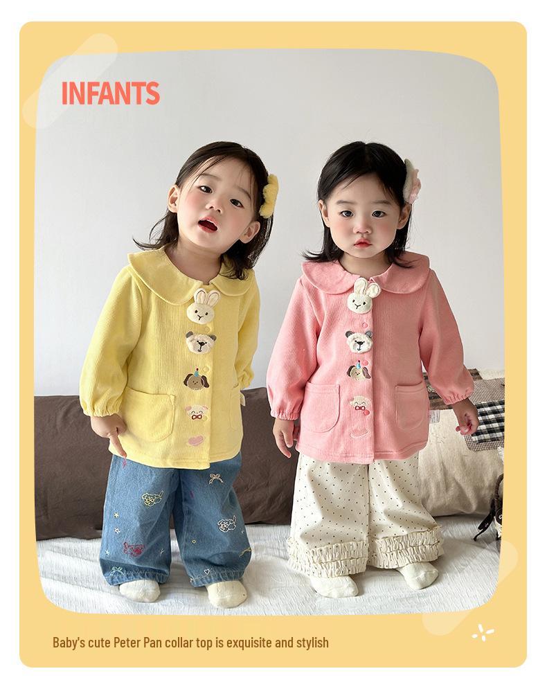 2025 Girls' Korean Style Peter Pan Collar Cardigan - Fashionable Spring/Autumn Baby Outerwear Top Set