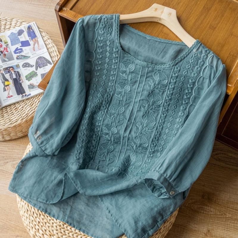 O Neck Embroidery Loose Women Blouse Solid Color Short Sleeve Casual Shirt Ladies Office Sweet Simple Elegant Fashion Tops Female Thin Clothing