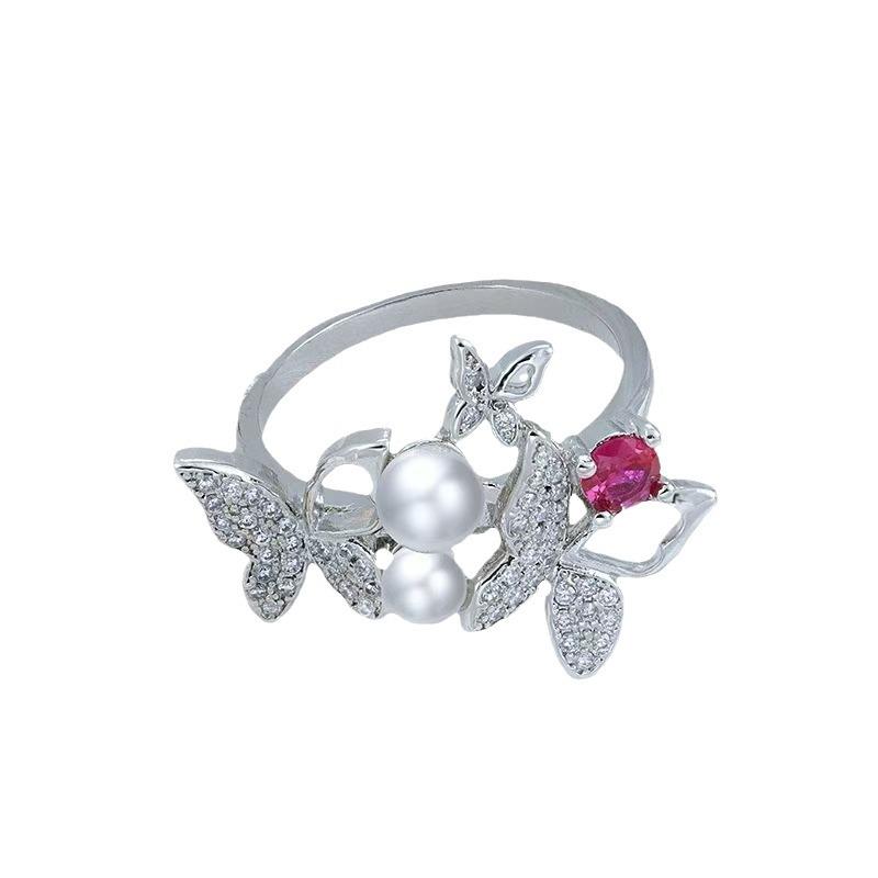 Slightly Inlaid Retro Bow Zircon Pearl Fairy Temperament Ring Gentle Wind Fairy Pearl Ring