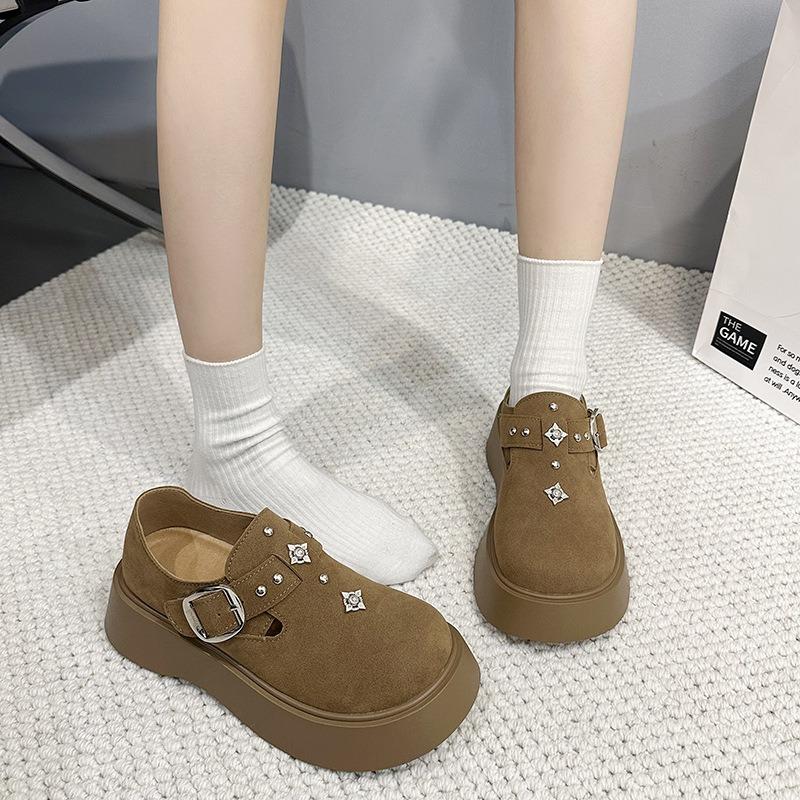 Muffin Thick-soled Retro Women's New Spring Height Increase, One Pedal Big Head with Skirt, Loafer Single Shoes