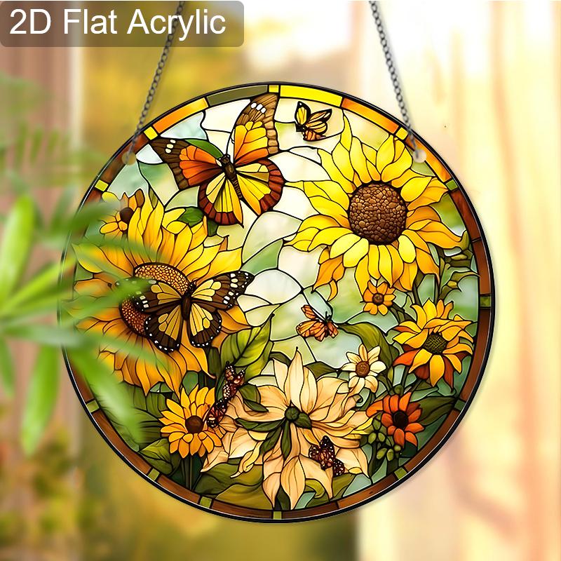 Acrylic Sunflower and Butterflies Suncatcher, Stained Glass Style Window Hanging Ornament for Nature and Garden Lovers