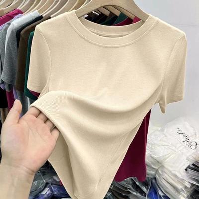Slim Fit Summer Women Round Neck Short Sleeve Solid Color Versatile Top T-Shirt