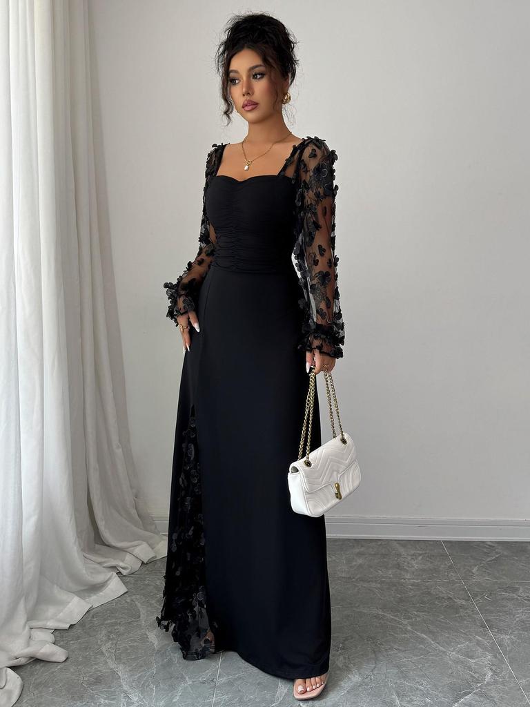 French Retro See-through Long Sleeve Evening Dress (2026)