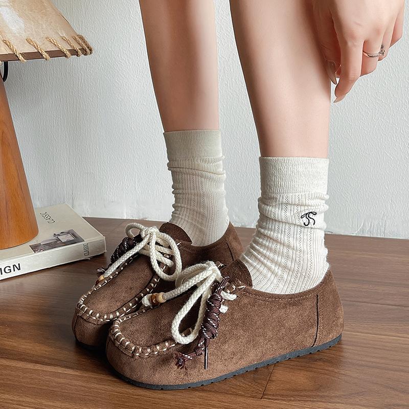 2025 New Women's Flat Shoes Round Toe Lace-up String Bead Shoes Women Leisure Retro Style One Kick Spring Autumn Single Shoes