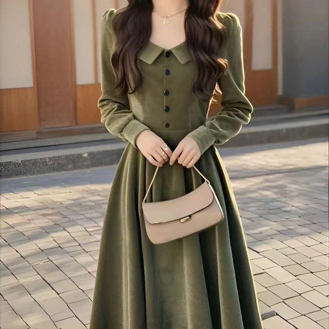 

2026 French Chic Green Velvet Dress for Women - Petite, Age-Reducing, Elegant Spring/Autumn Style S оливковое зеленый