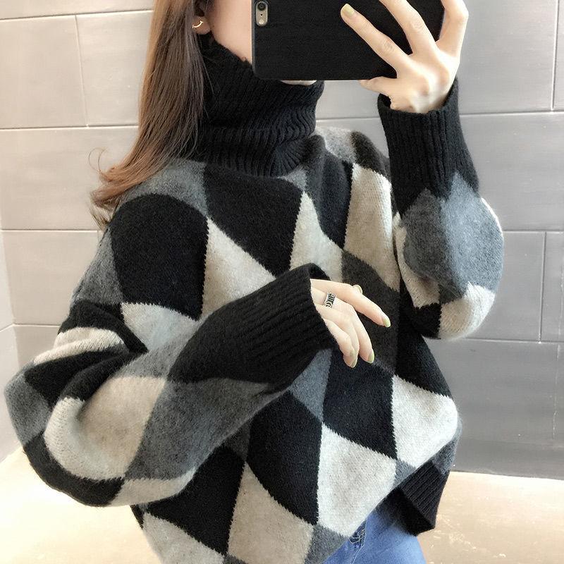 High Neck Sweater with Thickened and Loose Fit for Outerwear Korean Version Diamond Pile Collar Popular Pullover
