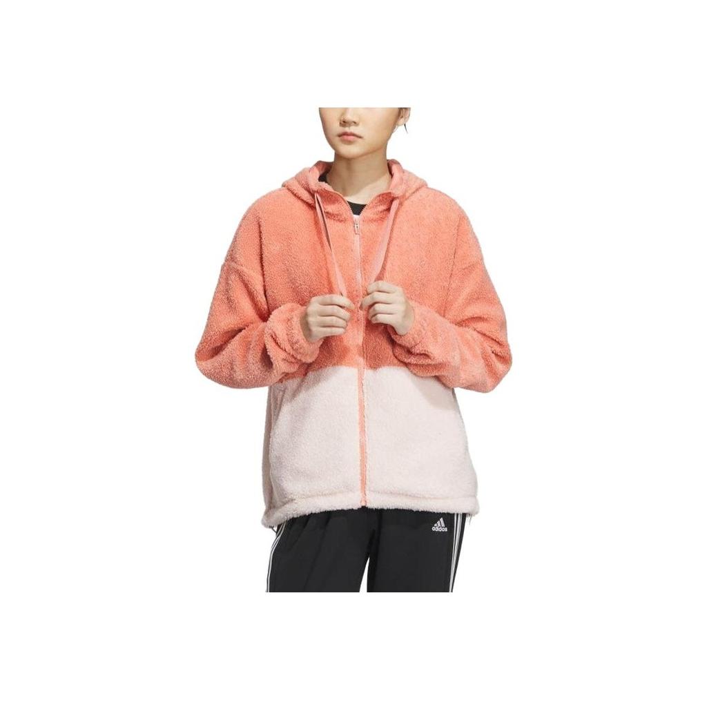 Adidas Loose Fit Color Block Fleece Zip-Up Hoodie Jacket Women Jackets Orange IK9864