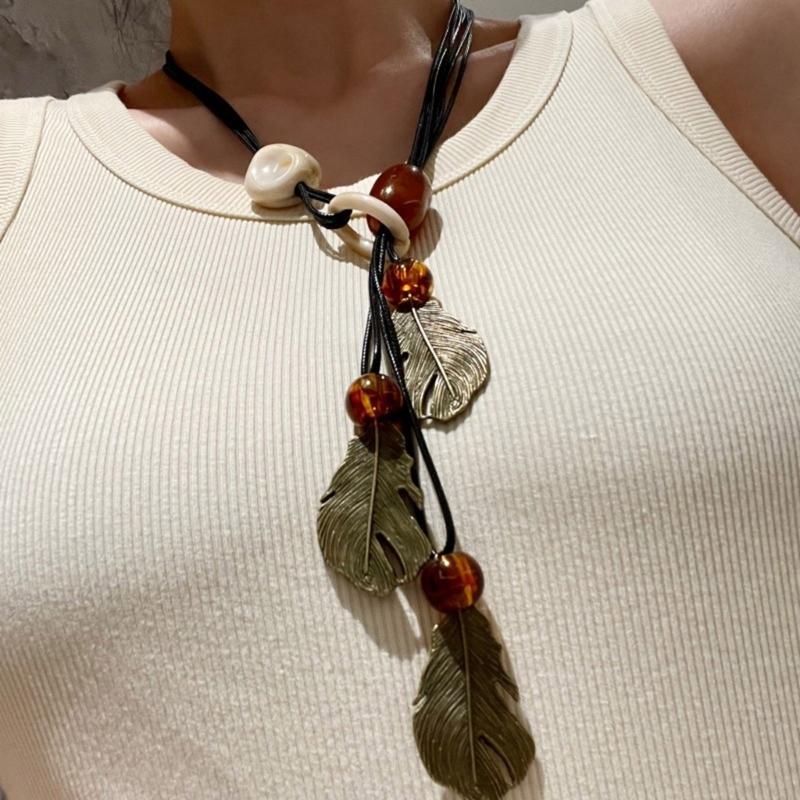 Long Bohemian Ceramic Bead Strand Necklace Ethnic Leaf Pendant Fringe Jewelry for Women Summer Statement Accessory