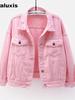 Giacca di Jeans Colorata Nuova Primavera/Autunno Taglie Forti Donna Stile Coreano Bianco Manica Lunga BF Cappotto Top Viola