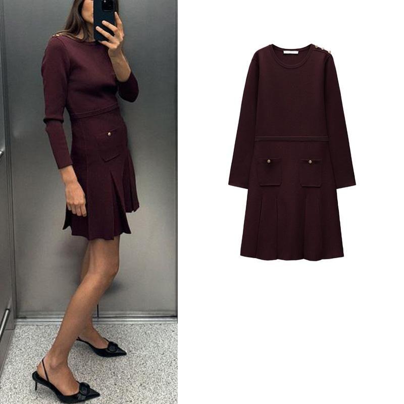 Fall and Winter New Women's Clothing Work Clothing Simple All-Match Long Sleeves Crew Neck Casual Plain Stitch Dress 2142269