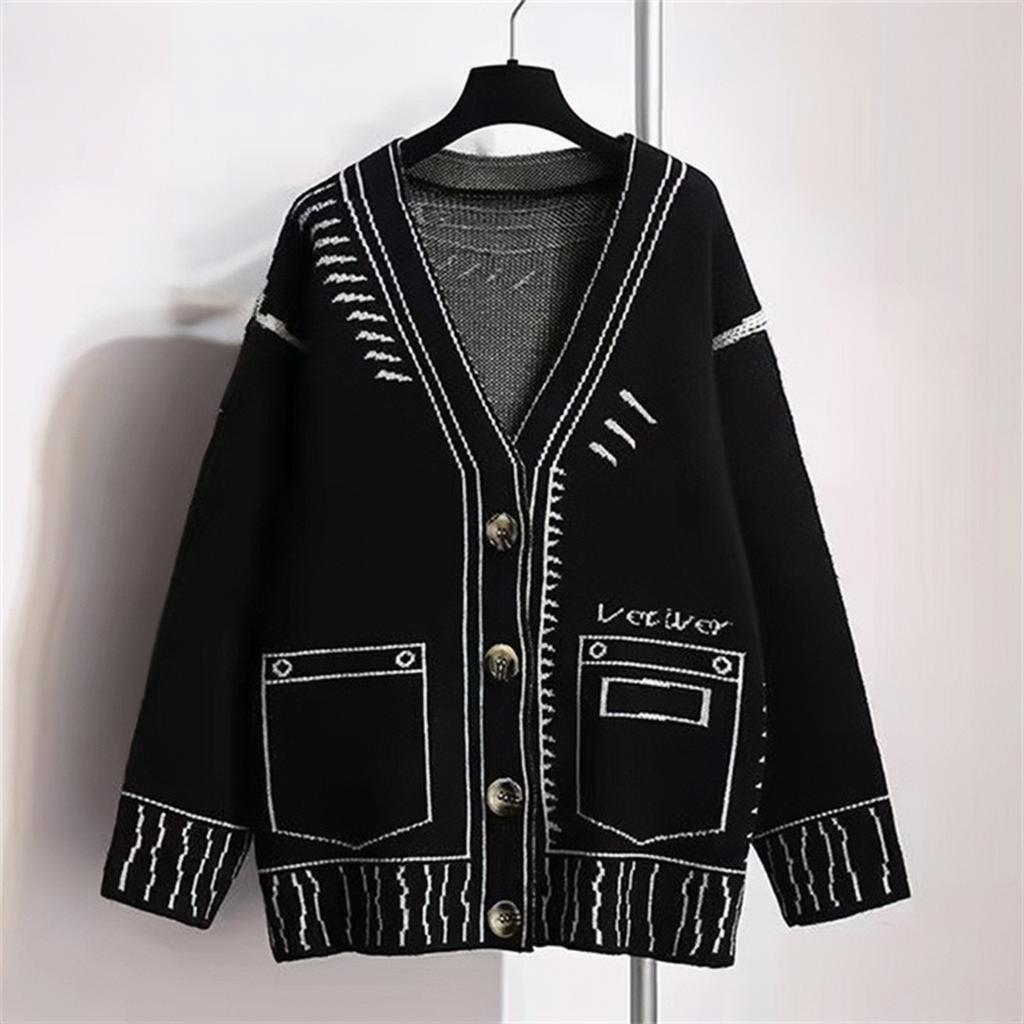 Women Unique Long Sleeve Graffiti Print Sweater Cardigan Autumn Winter V-neck Knitted Cardigans Female Y2k Loose Lazy Knit Coat