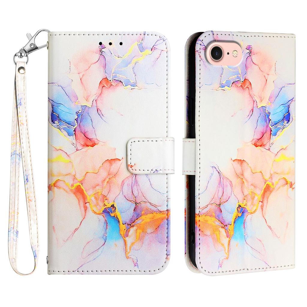 For iPhone 16e Case with Strap Marble Pattern Leather Phone Cover Card Holder