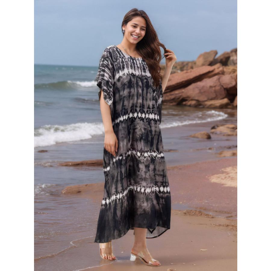 Women's Tie Dye Print Beach Cover Up Loose Flowy Long Kaftan Robe, Open Front Swimwear Shirt 0993
